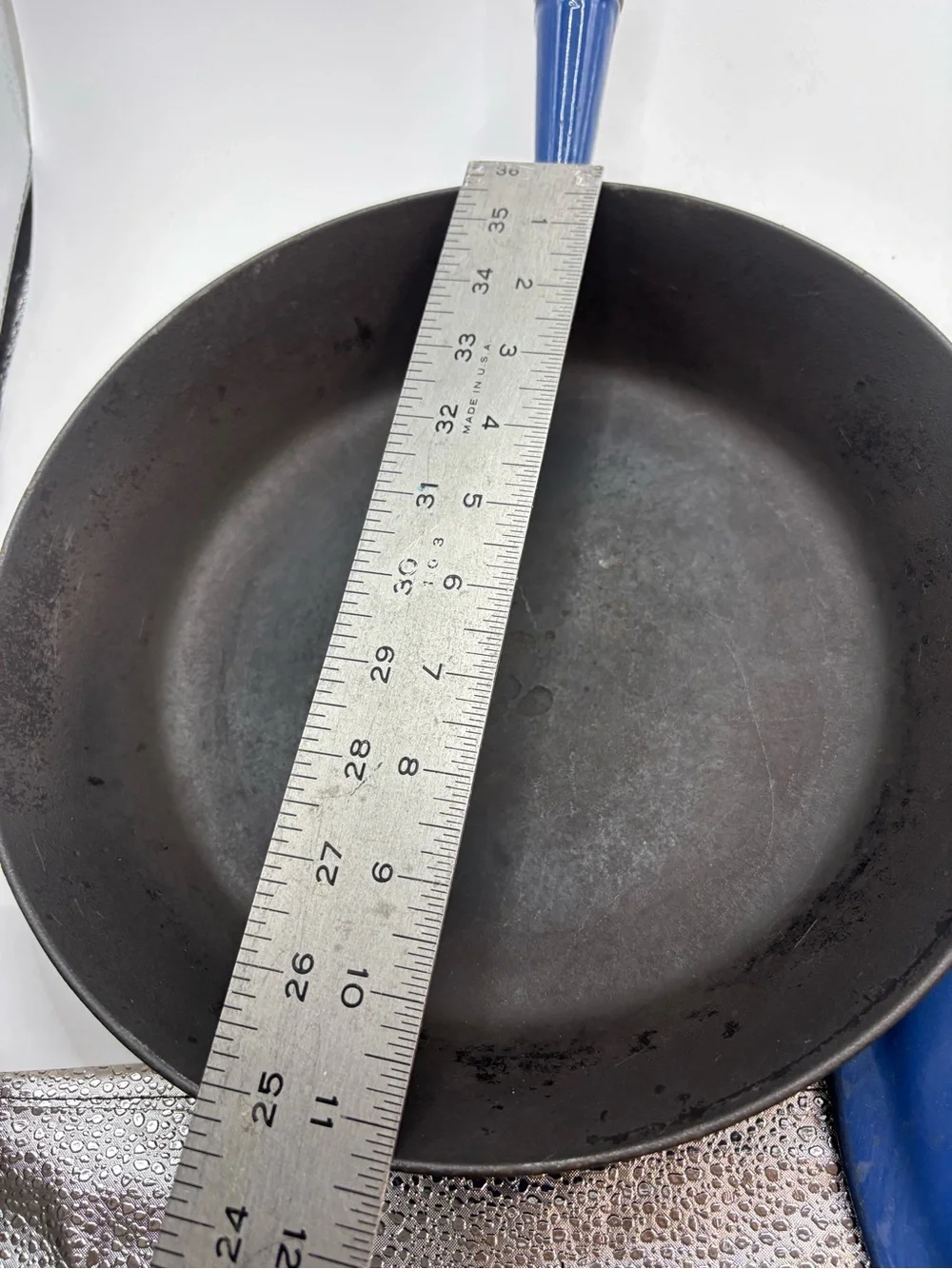 Le CREUSET #23 France Blue Enamel Cast Iron Skillet Pan Wood Handle Rare W Lid